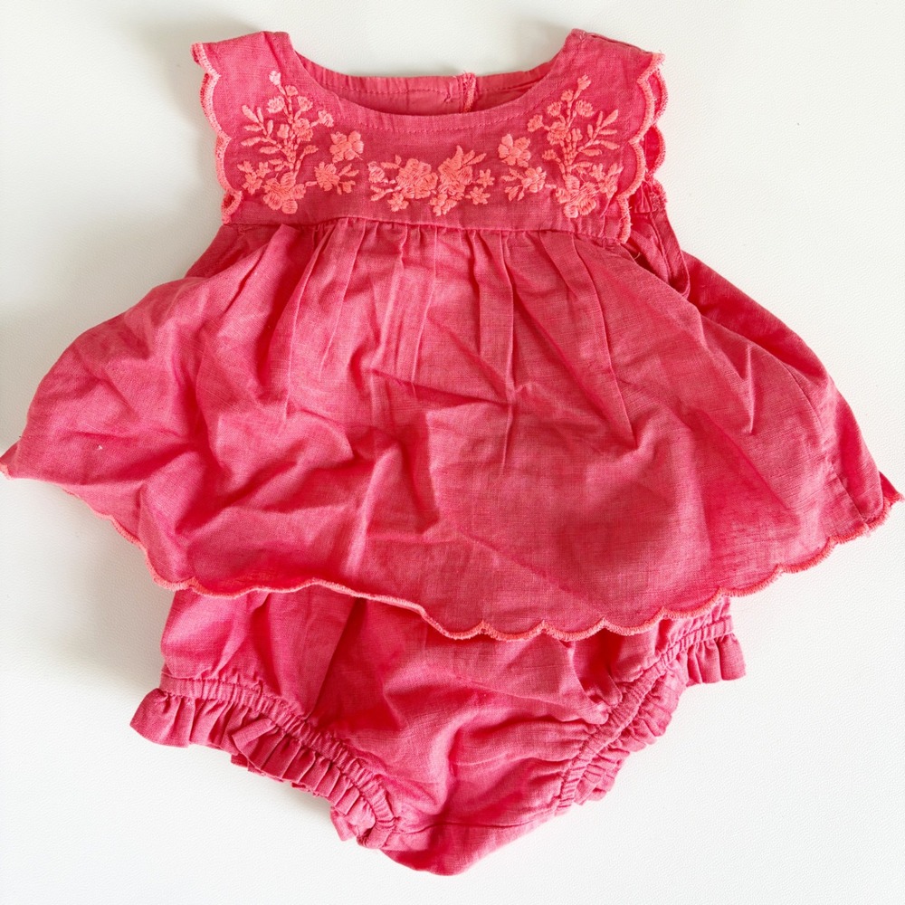 Baby GAP Girls Pink Floral Embroidered Boho Linen Blend Dress Bloomers Set 3-6M